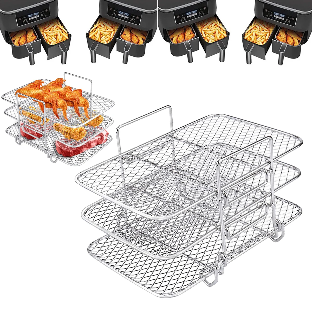 

Three layer Removable stainless steel Air Fryer rack cooking basket air fryer accessoriesgrilling rack
