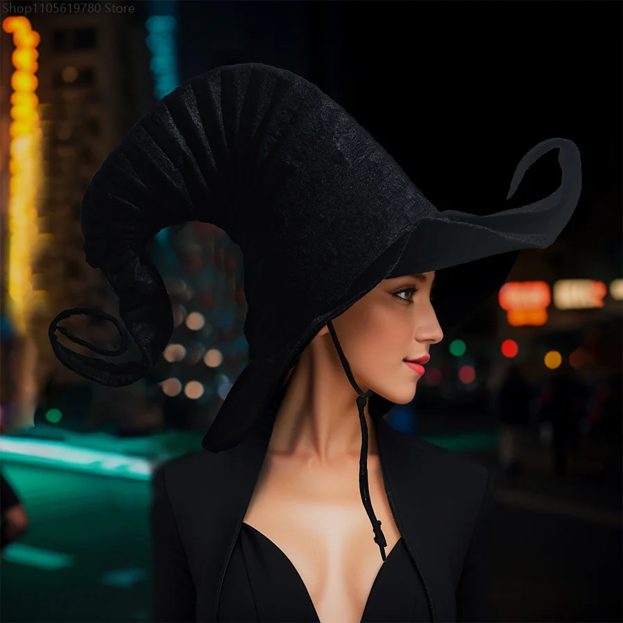 Pleated Witch Hat With Wind‑Resistant Rope Halloween Headpiece Cosplay Costume Stage Dress‑Up Festival Theme Decor Accessory