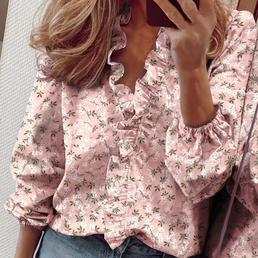 Shirt Tops Loose Fit Blouse Elegant V-neck Lantern Sleeve Shirt Tops for Women Ruffle Trim Pullover Tops Solid Color for Spring