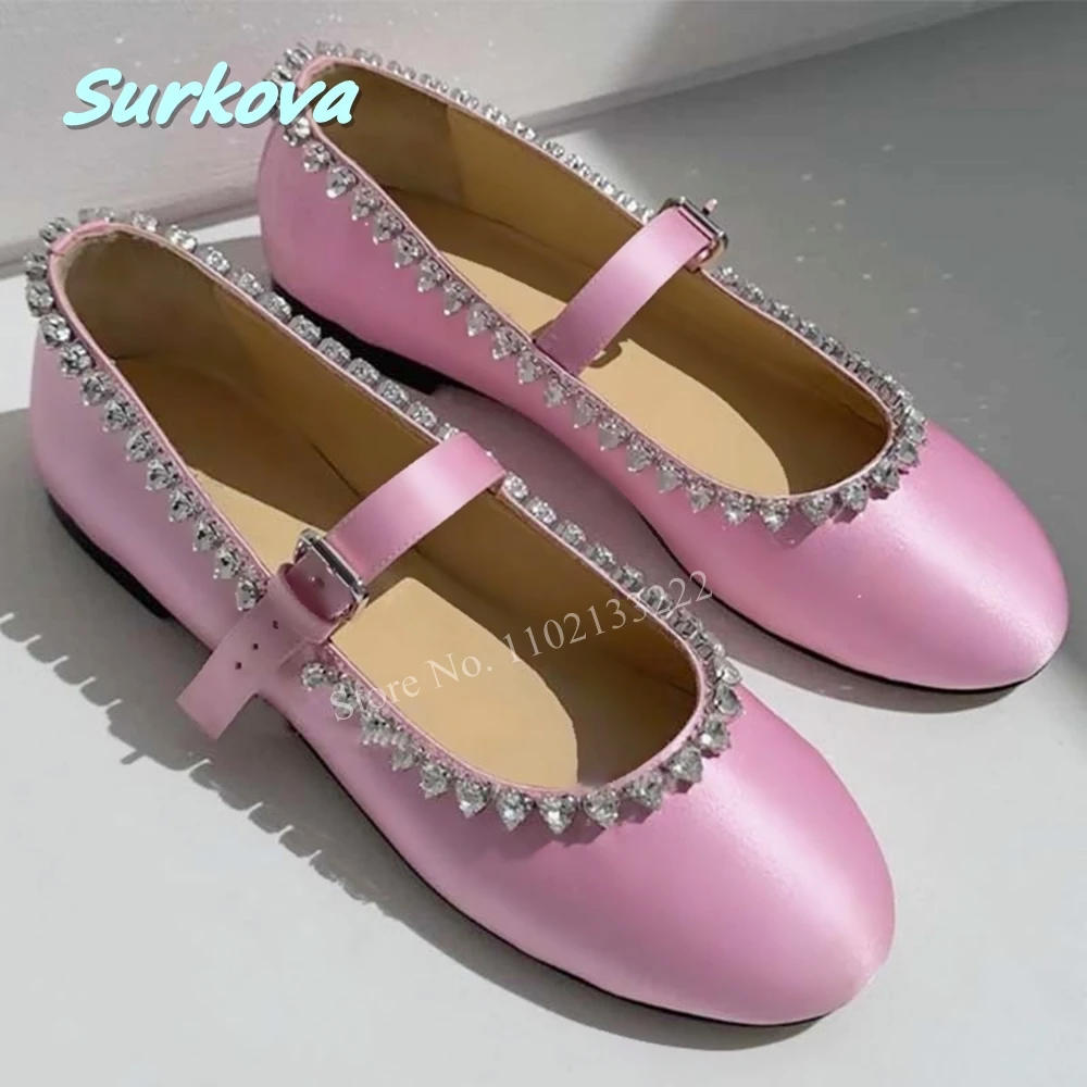 News Pink Flat Ballet Heart Rhineston Pumps Solid Round Toe Buckle Spring Summer Luxury Fashion News Sweet Weeding Shoes