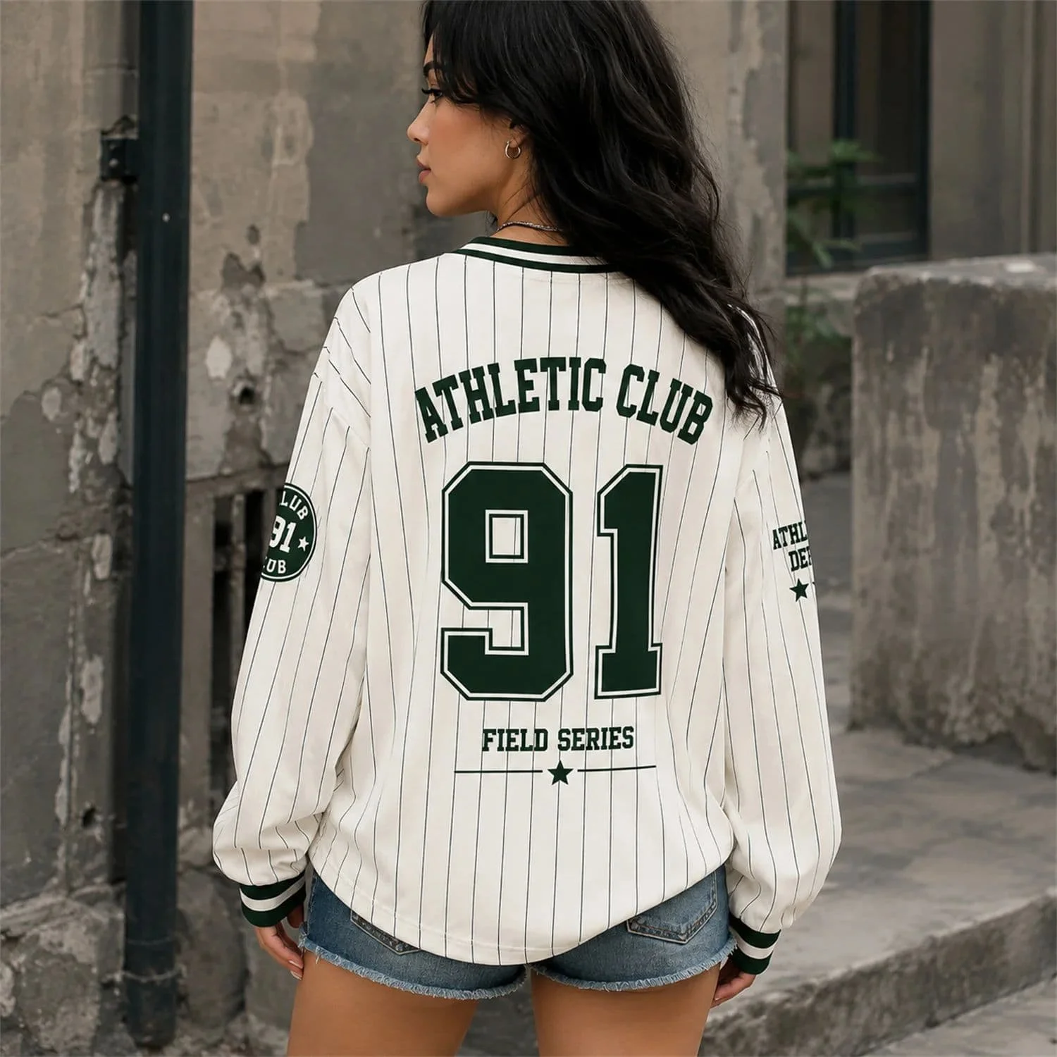 Athletic 91 Baseball Jersey Women Long Sleeve V Neck Vintage Sports Shirt Casual Streetwear Autumn Top