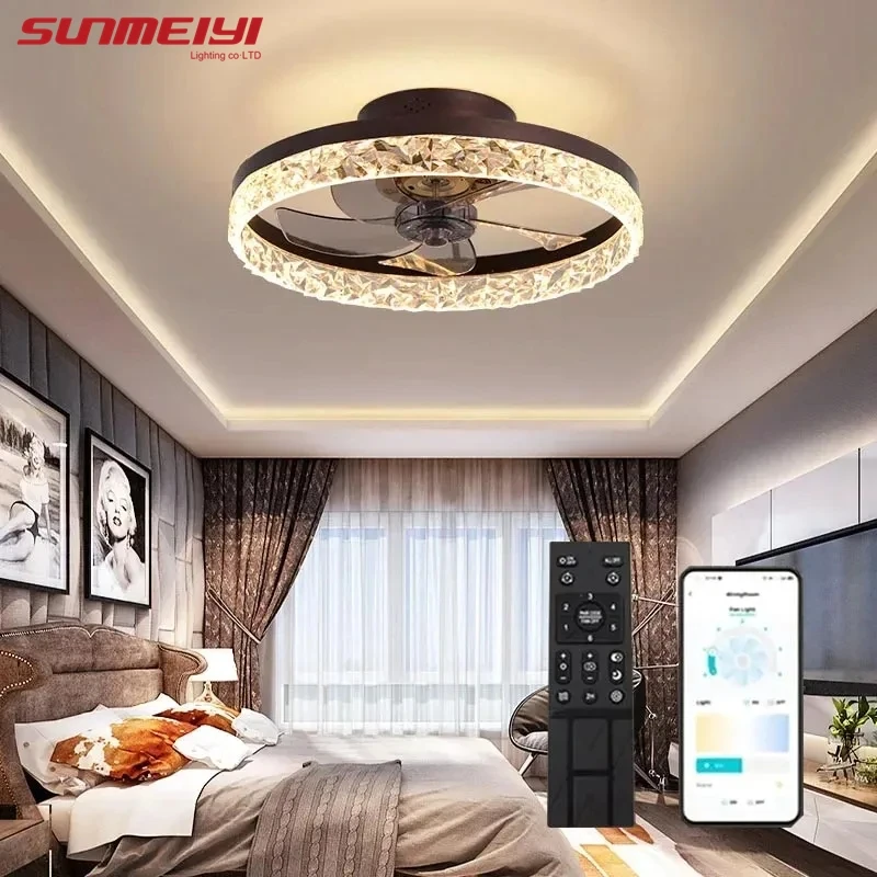 Modern Crystal Led Ceiling Fan Low Noise Lamps for Living Dining Table Room Bedroom Home Decoration Remote Control Light Fixture