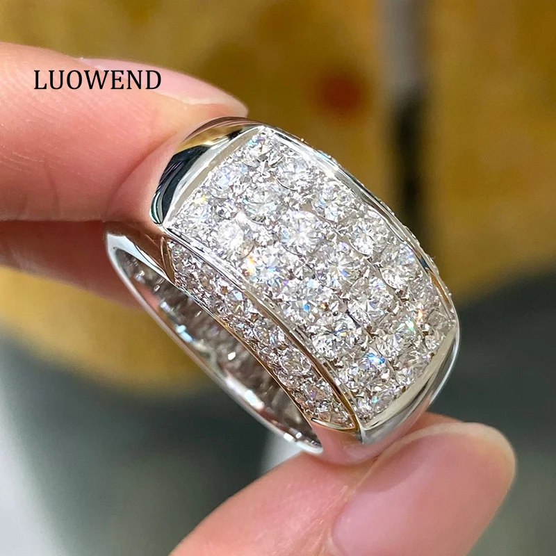 LUOWEND 100% 18K White Gold Rings Luxury Fashion Design Real Natural Diamond Engagement Ring for Women High Party Jewelry