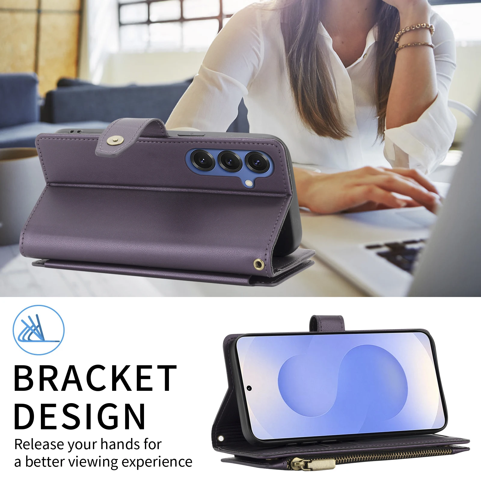 Brieftaschen-Handyhülle für Samsung A12/A13/A14/A15/A16/A52/A26/A56 mit Mehrfach-Kartenfächern, Reißverschluss-Münzfach und Handschlaufe, Kunstleder-Schutzhülle – Detail 7