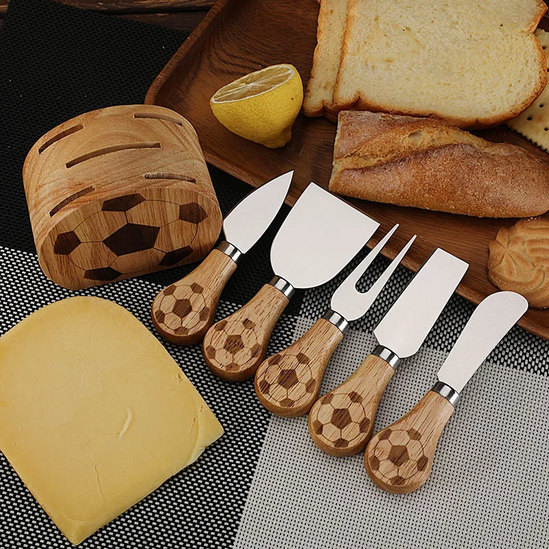 5 Pcs Soccer Cheese Knife Set Stainless Steel with Wooden Storage Stand-Cheese Cutter Butter Knife for Hard Medium Soft Cheese