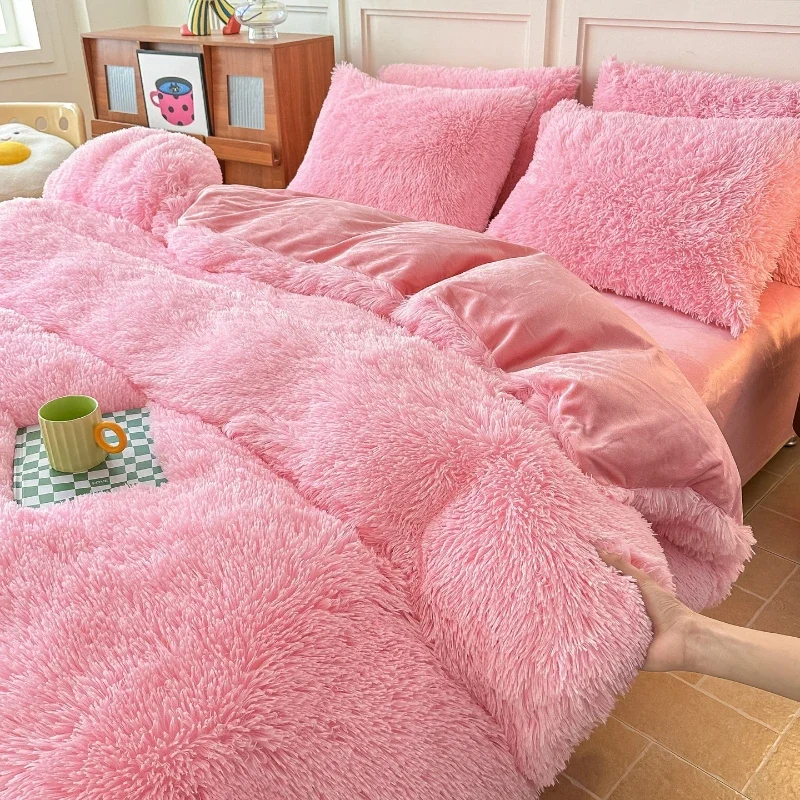 Solid Color Long Fluff Thicken Quilt Cover Keep Warm Bedding Set Home Bedroom Bedding Bed Sheet Four Piece Set Duvet Covers