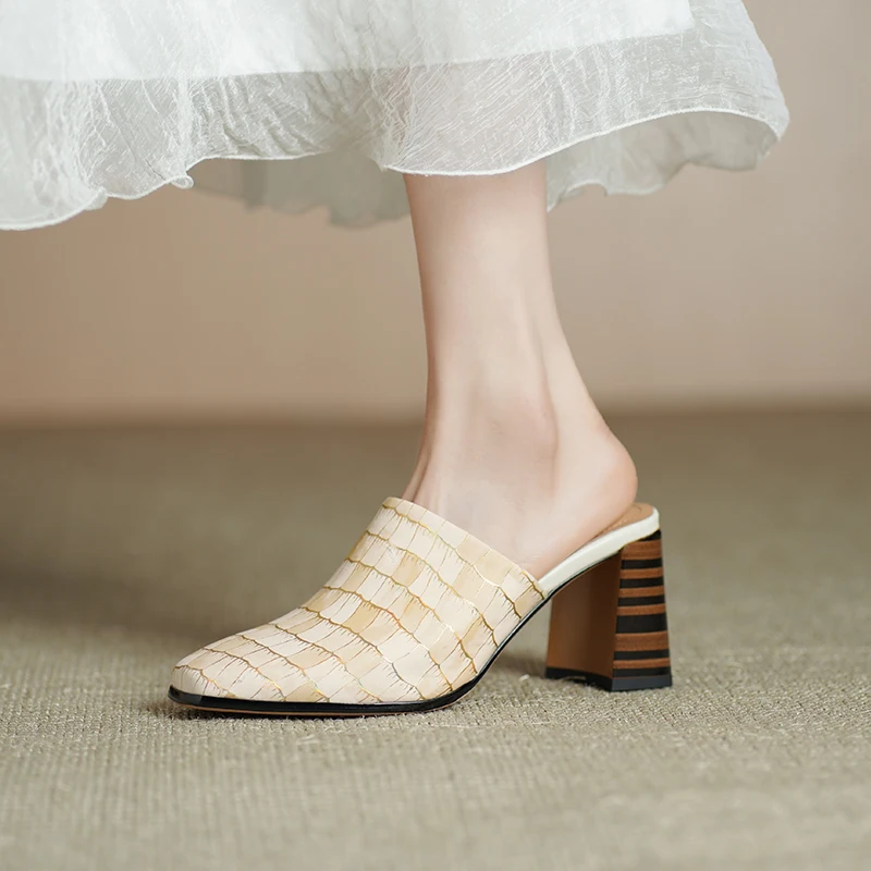 شباشب البغال النسائية ذات الكعب المربع حذاء نسائي بمقدمة مدببة عالي الجودة من جلد الغنم الطبيعي سهل الارتداء حذاء شبشب ربيعي #5