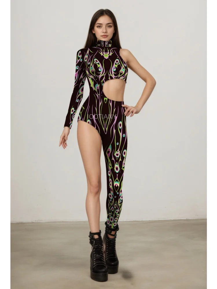 Alien-Kreatur Halloween Cyberpunk Bodysuit, Festtagsparty, Nachtclub, Neon-Cosplay-Kostüm, Stretch-Jumpsuit, Damen-Einteiler, eng anliegend – Detail 2