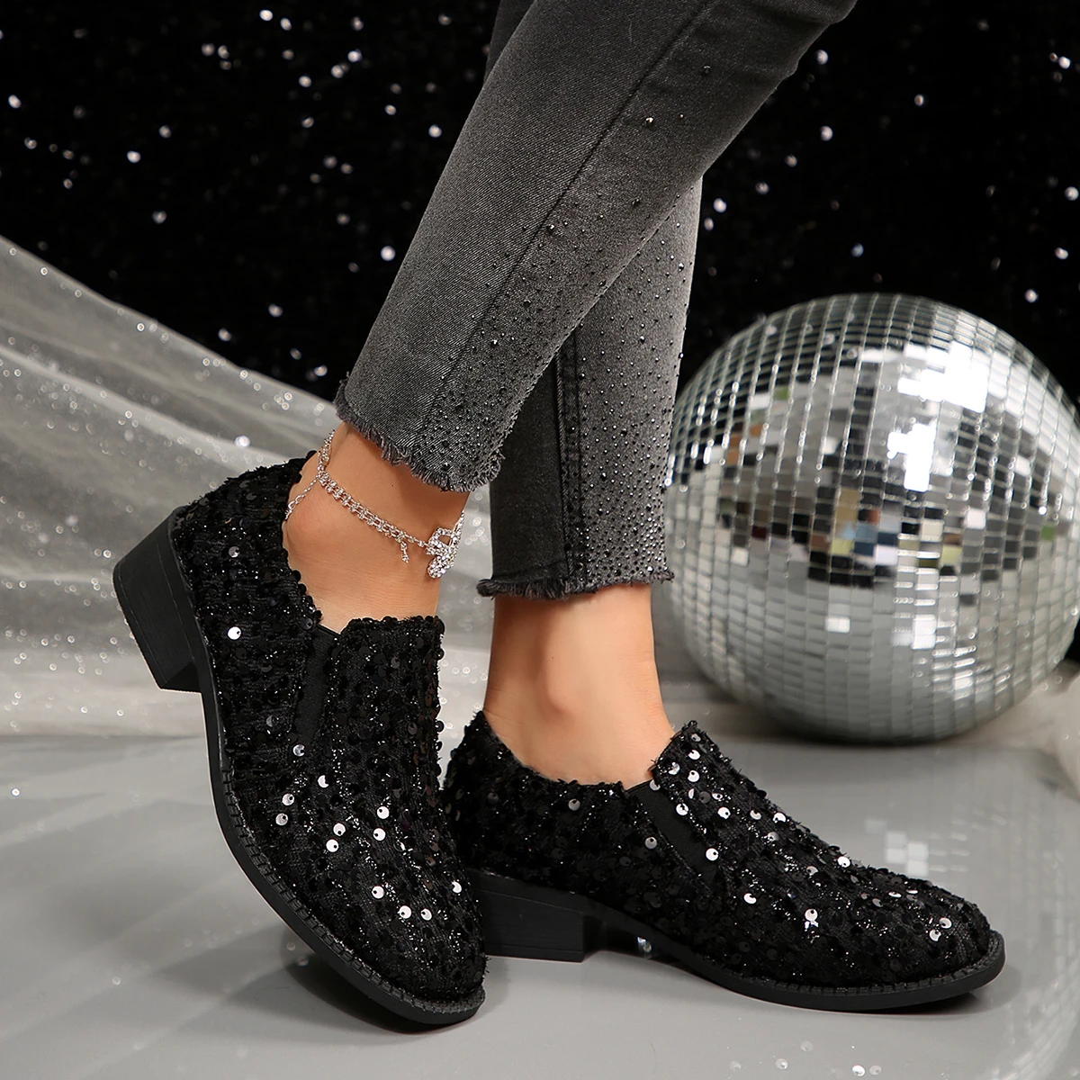 

Весенне-осенние новые удобные повседневные туфли на квадратном каблуке с круглым носком, модные и сексуальные женские туфли на высоком каблуке с блестками для банкета