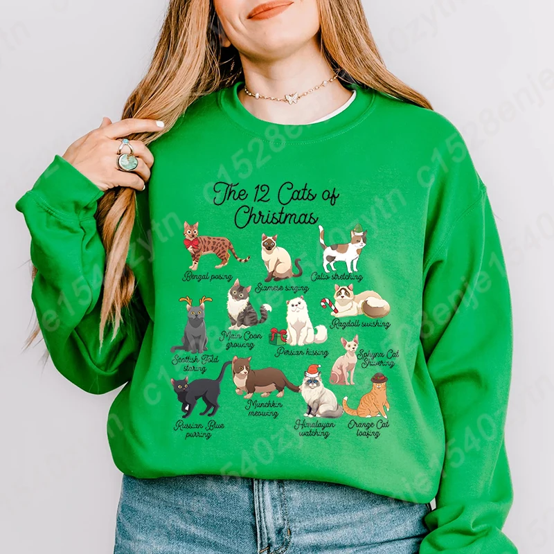 

The 12 Cats Of Christmas Print Pullovers Women Popular Soft Tops Casual Sports Loose Hoodeless Sweatshirt Ladies Pure Color Tops