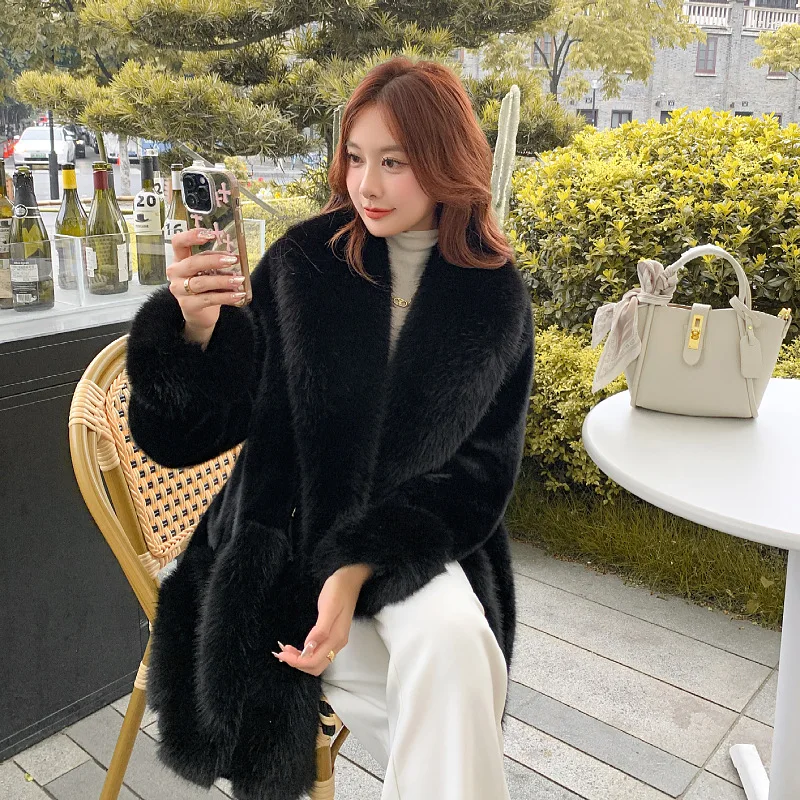 

Fur Coat for Women with Fox Fur Collar, Mink Fur Coat for Winter 2023, Medium Length, Water Droplet Slimming, Environmentally Fr