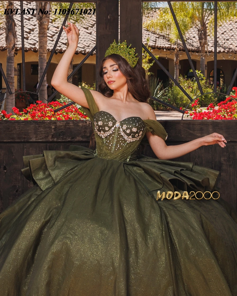 EVLAST Glitter Olive Green Quinnceanera Dress Ball Gown Applique Beaded Tiered Mexico Corset Sweet 16 Vestidos De 15 Anos SQ572