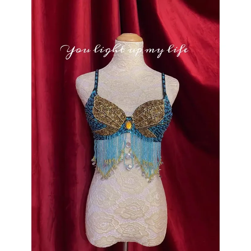 맞춤형 마지막 주문 결함 밸리 댄스 탑 여성 브래지어 술 스팽글 반짝 이는 나비 패턴 브래지어 속옷