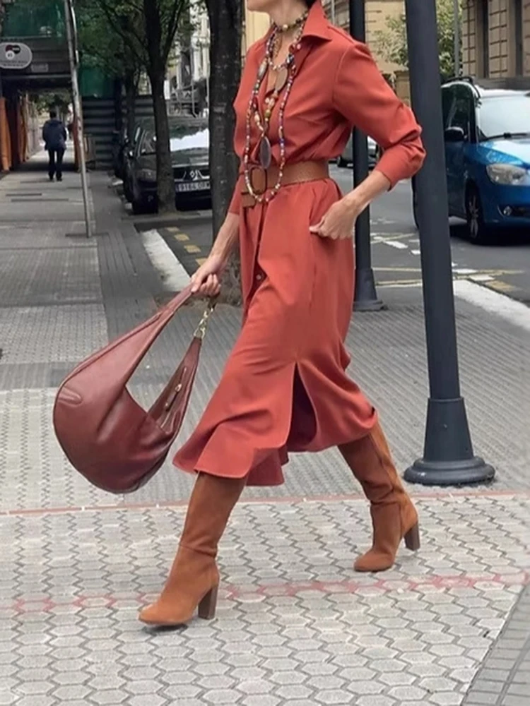 Vestido camisero de manga larga con solapa de temperamento, vestido largo elegante de satén con bolsillo para mujer, vestido informal de un solo pecho de Color sólido para ir al trabajo