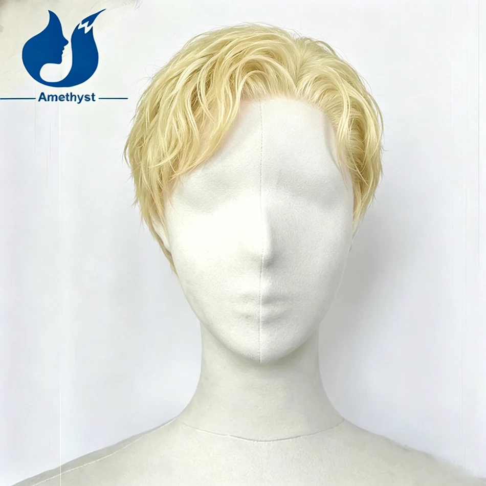 Amethyst Pre Styled 613 Blonde Wavy Short Cut Full Lace Wig for Men Brazilian Remy Human Hair Side Part Pre Plucked Bleached