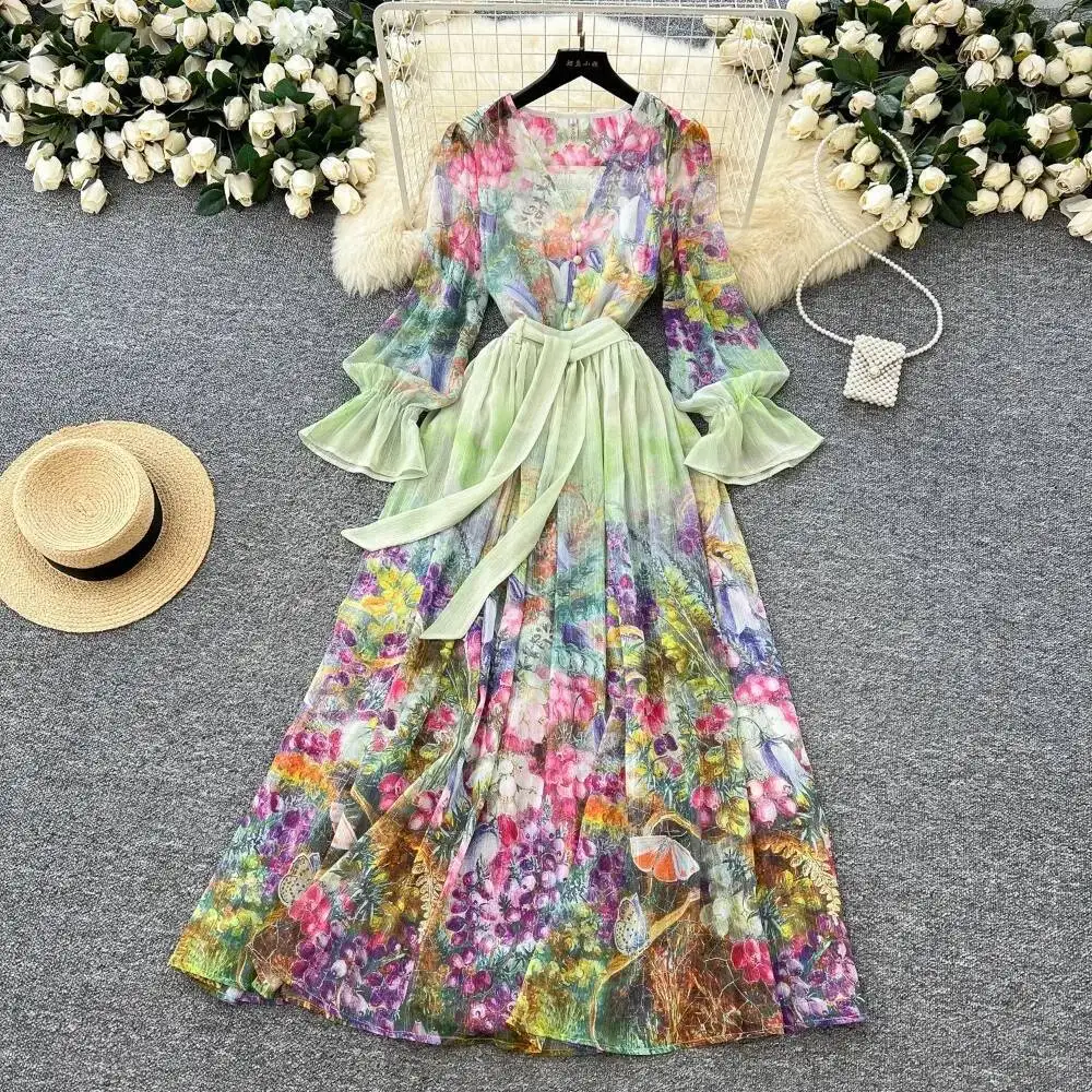 

Women Sexy vintage print chiffon flare sleeve Single Breasted V Neck Dress Elegant Long Sleeve Slim Long dress