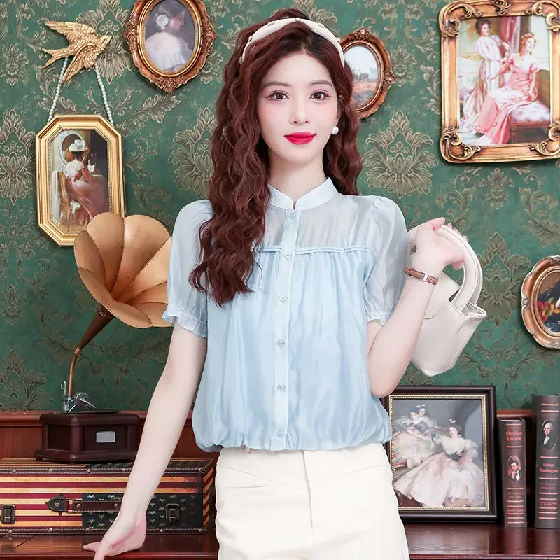 

Fashionable Slimming Bubble Sleeve Shirt Single Button Design Summer New Arrival Women's Original Design Breathable Polyester