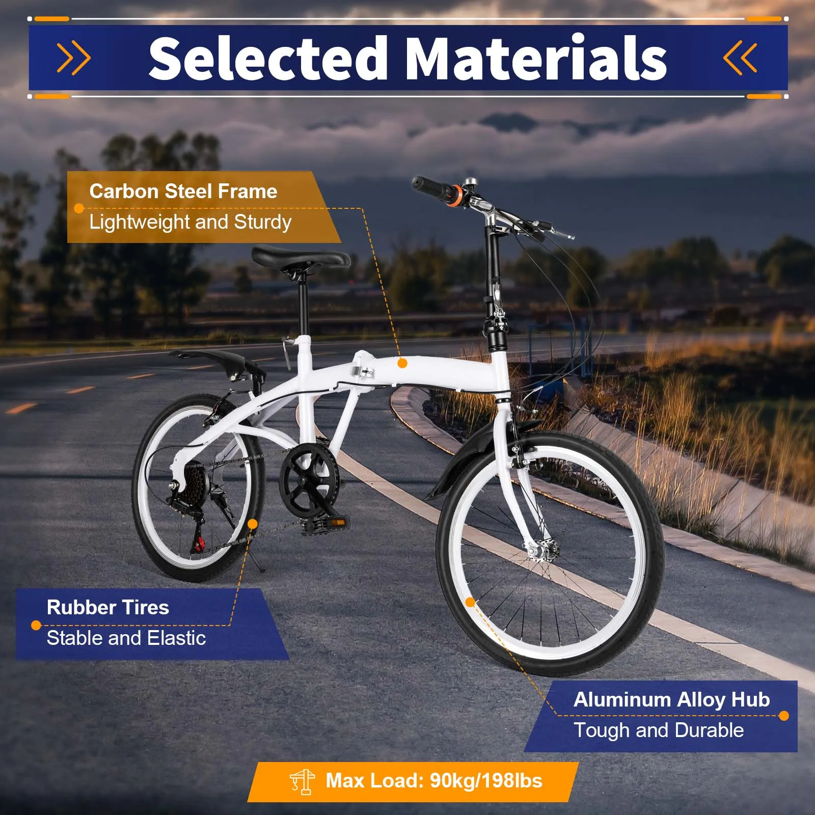 20" 6Speed Gears White Adjustable Bike Carbon Steel Lightweight Foldable City Bike for Adult Commute Bicycle