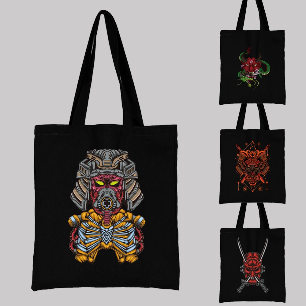 New Woman Black Shopping Bag Casual Canvas Large Capacity Reusable ese Monster Pattern Printed Shoulder Bag Student Handbag