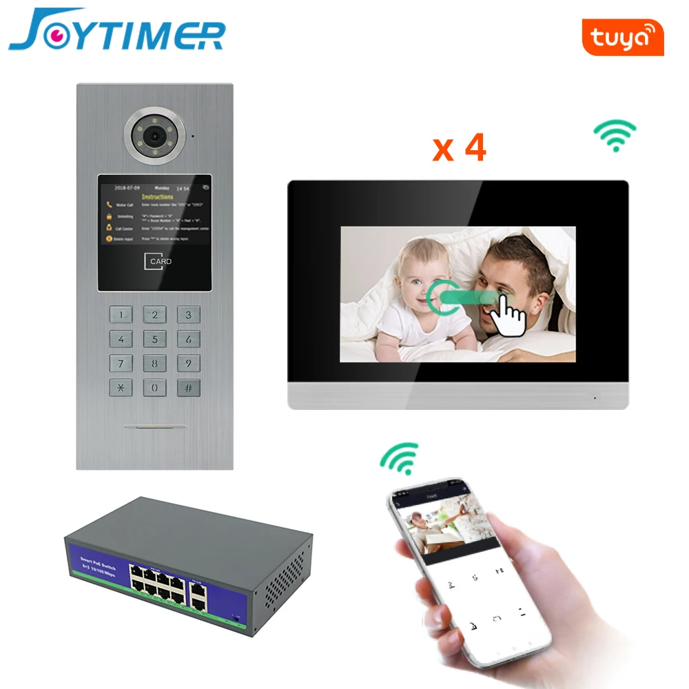 

Joytimer 7Inch WiFi IP Touch Screen Condominium Video Intercom for 4Families Access Control System RFID Card/APP Remote Unlock