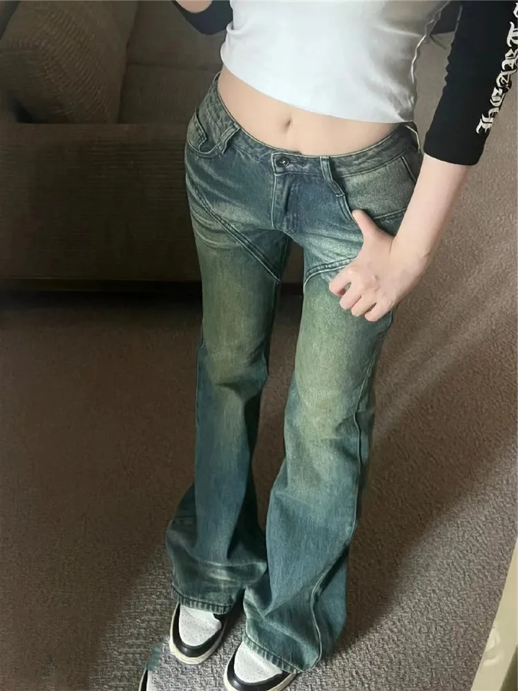 

Low Waist Bell Bottom Denim Jeans Women's Slimming Extended Length American Retro Style Long Trousers Summer Washed Jeans