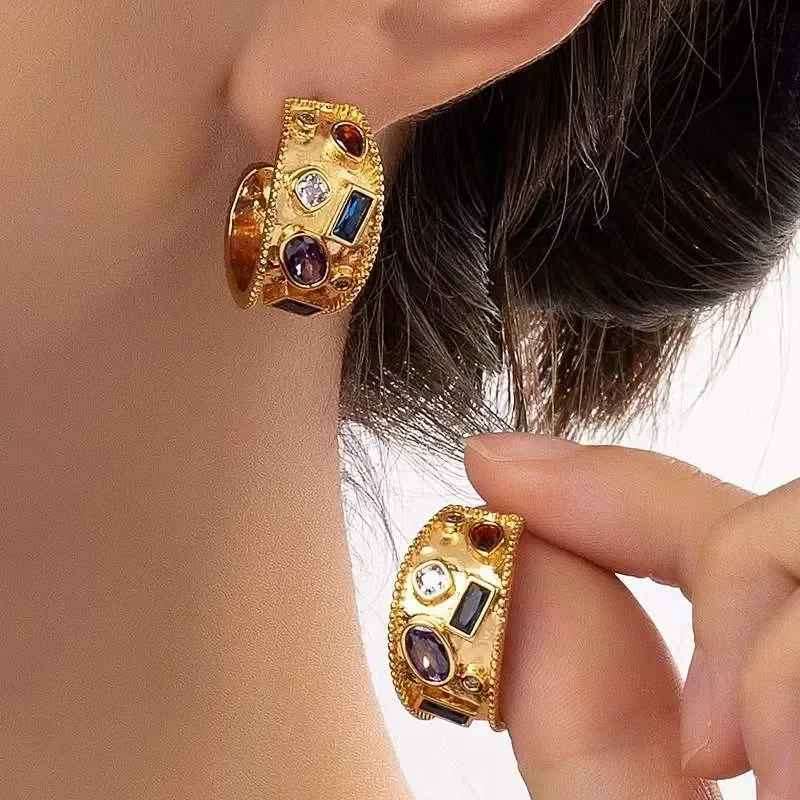 New Chinese stud earrings S925 silver needle French niche retro color earrings medium ancient style advanced sense ear bone
