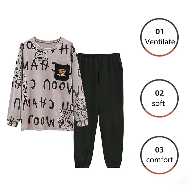 2Pcs/set plus size men\'s pajamas fall and winter long-sleeved loose casual cartoon bear striped black O-neck soft casual college