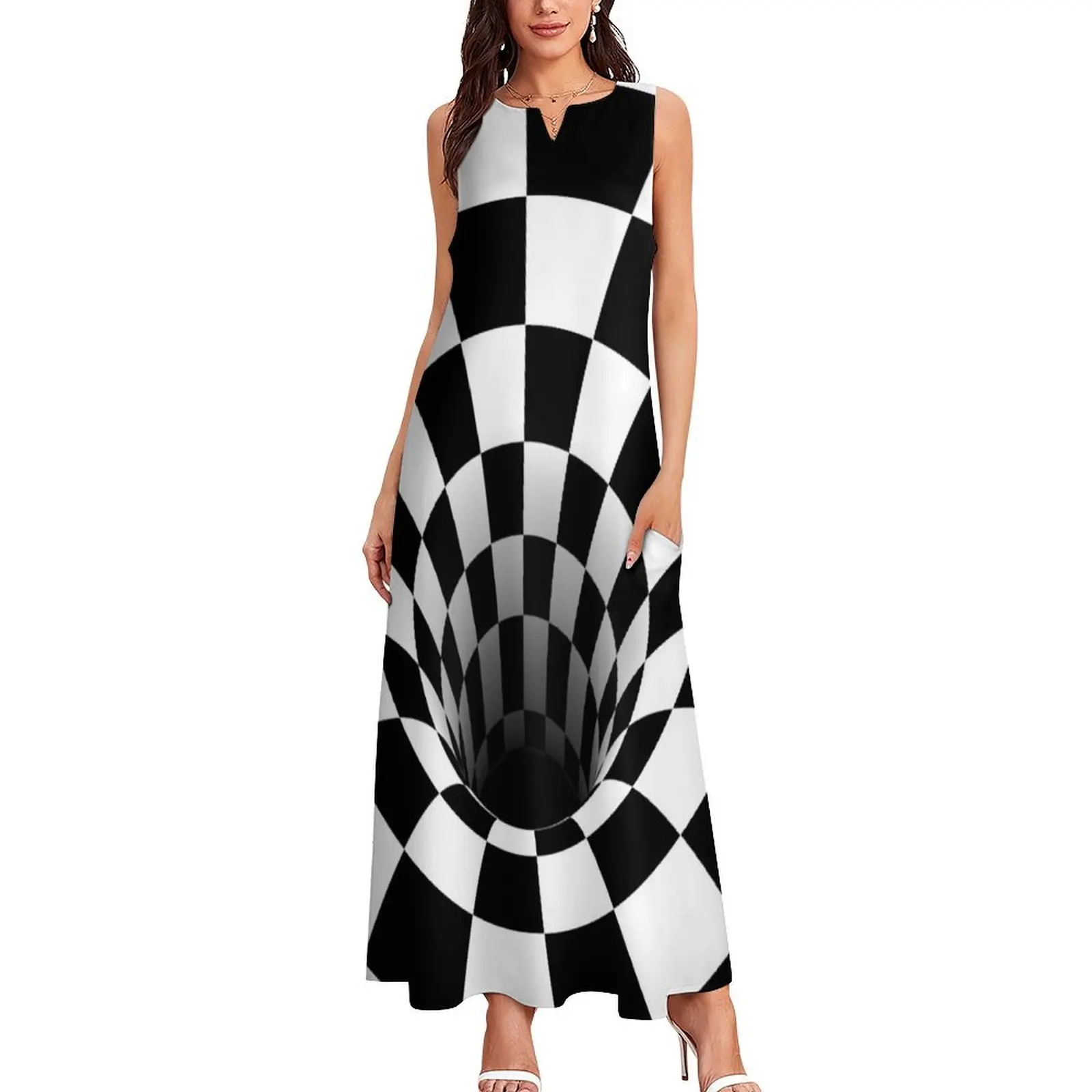 Optical Illusion Black Hole Checkerboard (Black/White) Long Dress dress dresses ladies 2025 summer