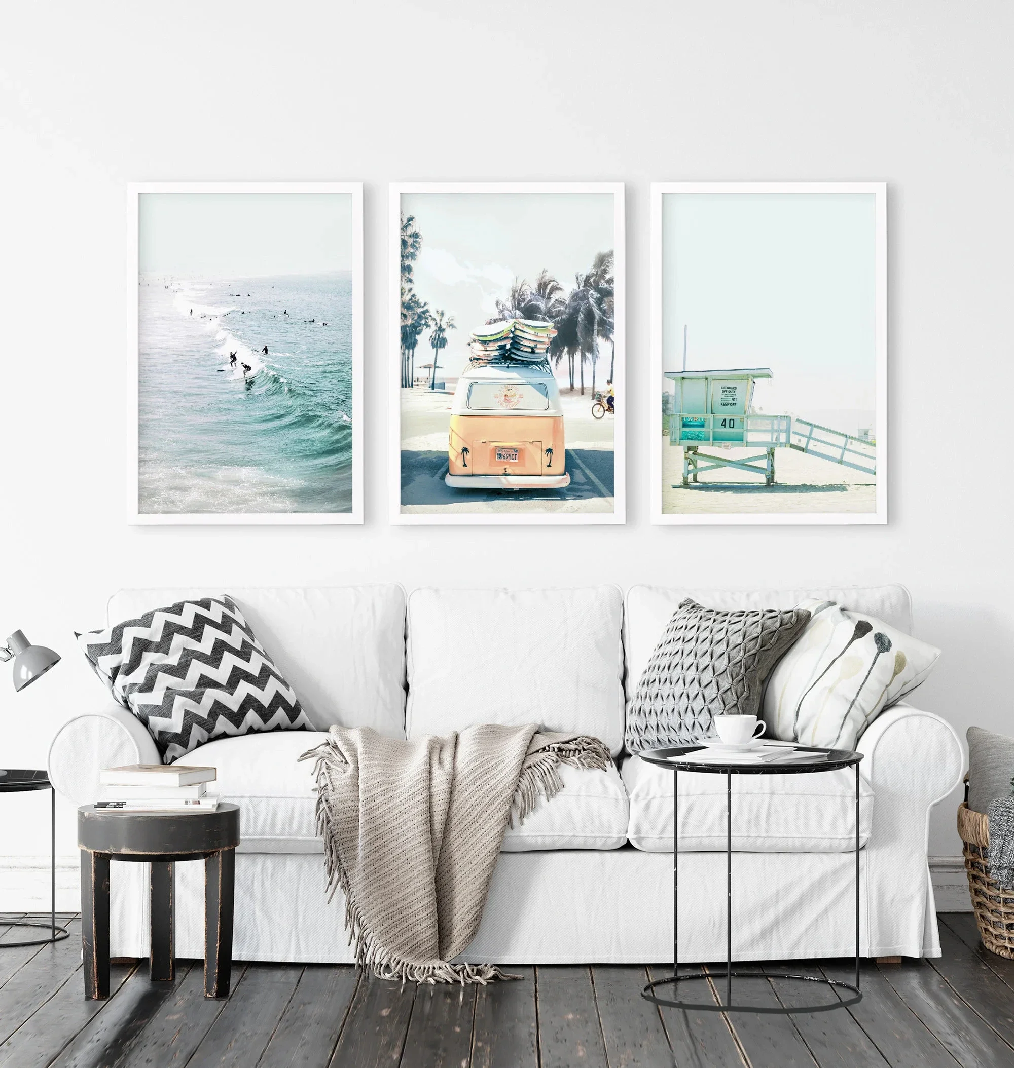 Multi-size 3PCS frameless high-definition decorative paintings,3 Pieces Coastal Beach Canvas Wall Art Surf Retro Van Lifeguard T