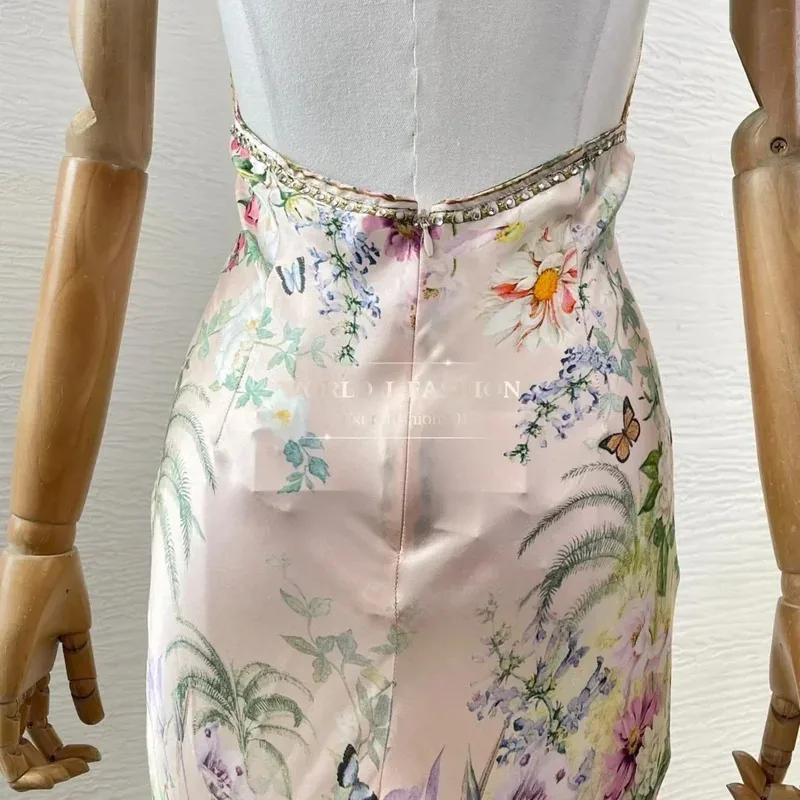 Vestido midi con dobladillo irregular y espalda descubierta con cuello en V profundo Seda sin mangas con estampado floral rosa de alta calidad