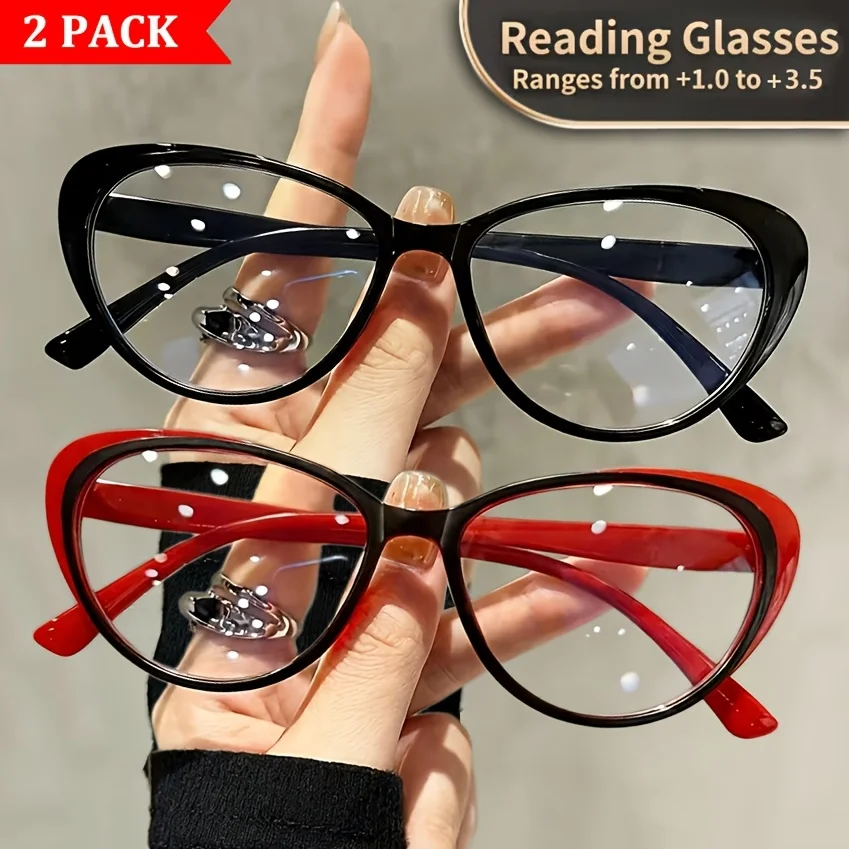 2 Stück Vintage Cat-Eye Lesebrillen, Leichte Modische Brillengestelle für Damen, Übergroße Schwarze Weitsicht-Lesebrillen für Herren