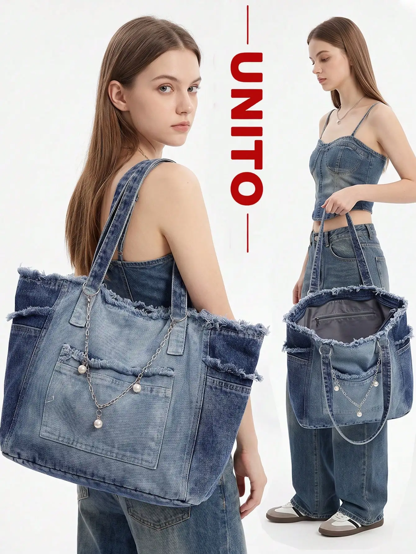 Fashion Personalized Street Chain Decorated Jeans Tote Bag,Versatile Commuting Large Capacity Raw Edge Design Shoulder Bag,Casual Multi-Pocket Handbag