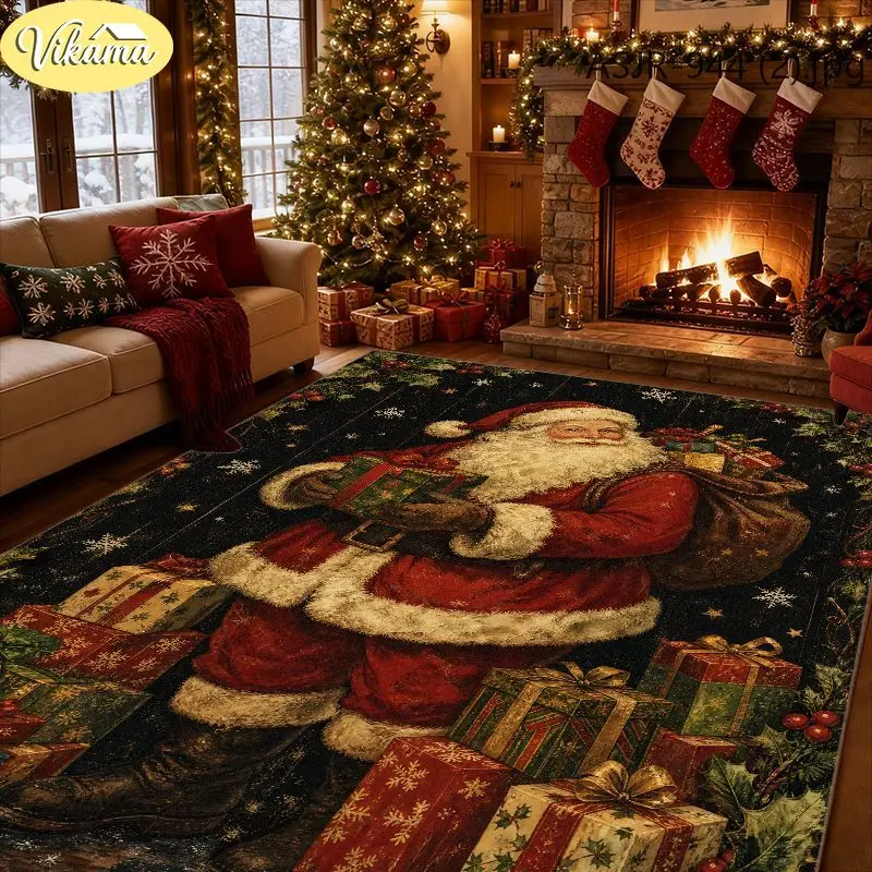 VIKAMA Christmas Vintage Santa Gift Sack Area Rug Anti Slip Durable Floor Mat for Living Room Entryway Holiday Home Decor
