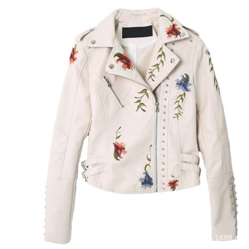 الربيع والخريف نمط جديد سترة جلدية التطريز المسامير سحابات دراجة نارية بولي PU معطف سليم وقصير مطرز التجارة الخارجية