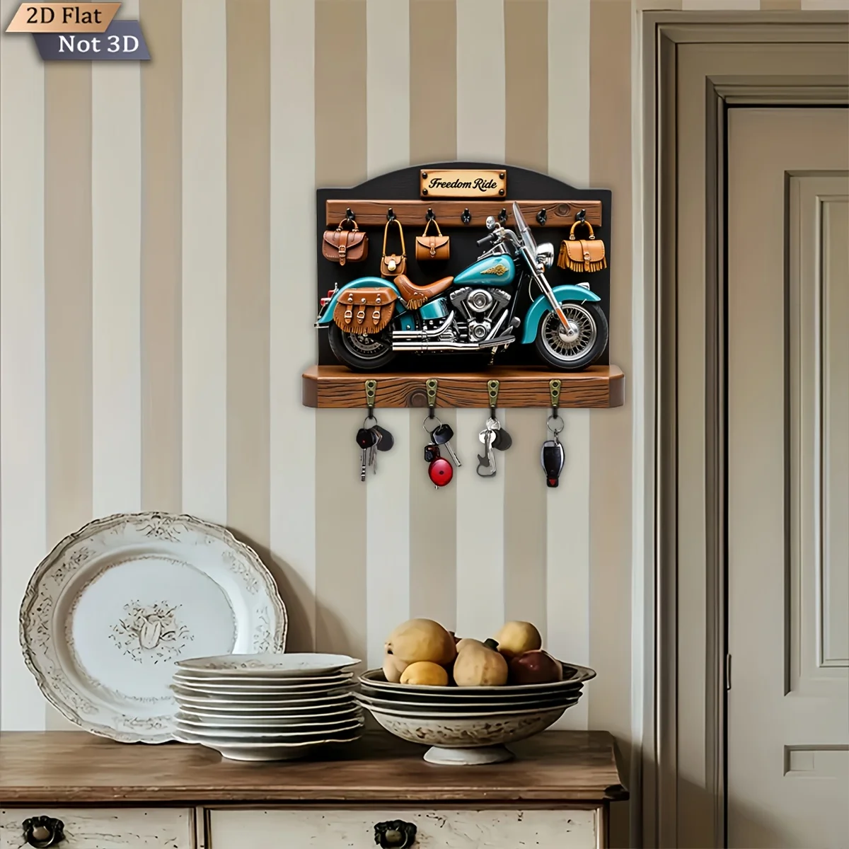 2D Flat, 1pc, Free Ride Motorcycle Theme Style Key Hook, Wooden Multifunctional Home Key Holder with Four Metal Hooks, Suitable