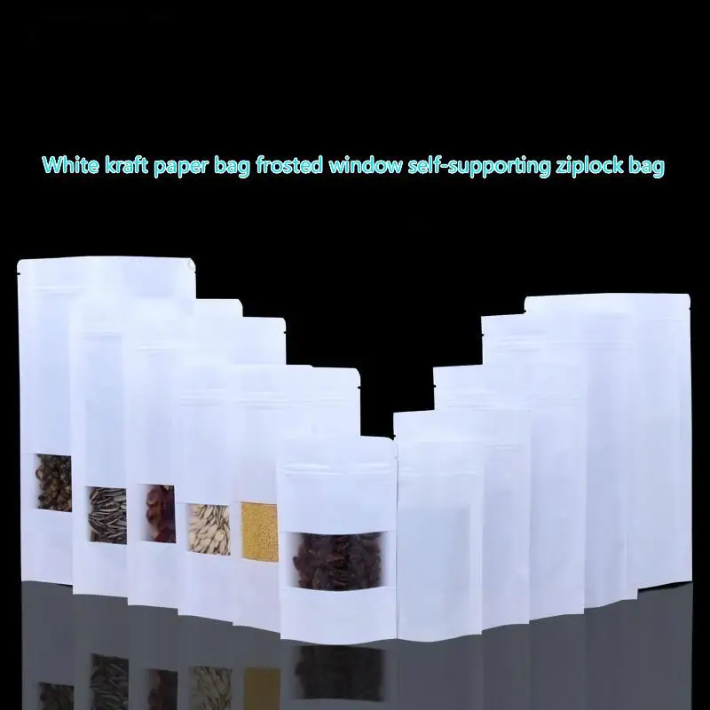 

50pcs/100pcs/lot 10sizes White Kraft Paper Frosted Window Self Zipper lock Bag Dog Food Dried Fruit Tea Food Packaging