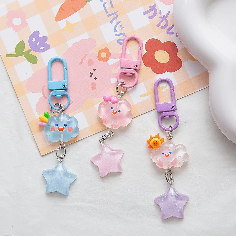 ins Keychain Original Ice Transparent Fine Glitter Cloud Star  Cartoon Girl Heart Student School Bag Pendant Best Friend Gift