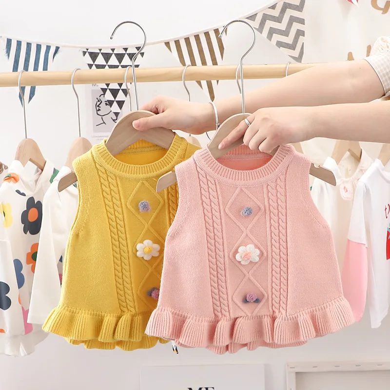 2025 Spring and Autumn New Children's Sweater Korean Edition Girls' Vest Flower Decals Pleated Clothing Edges Top for Kids