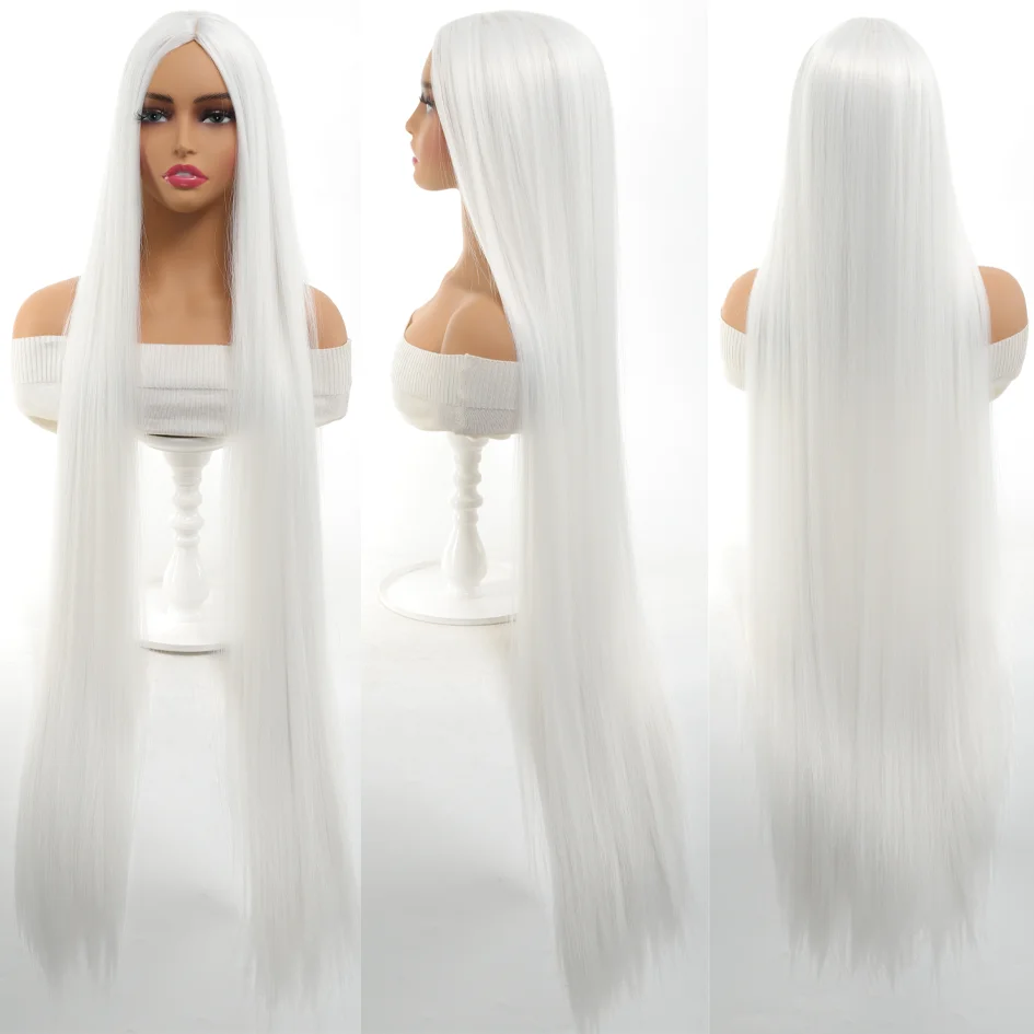 Synthetic 40 inch white long straight hair wig cosplay  Kaguya wig, Halloween prank wig props Christmas gift