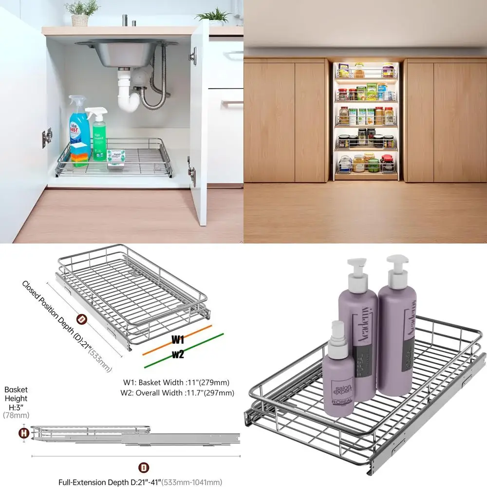 

Sliding Cabinet Organizer with Pull Out Shelves, 11.7W x 21D, Heavy-Duty Steel, Chrome Finish