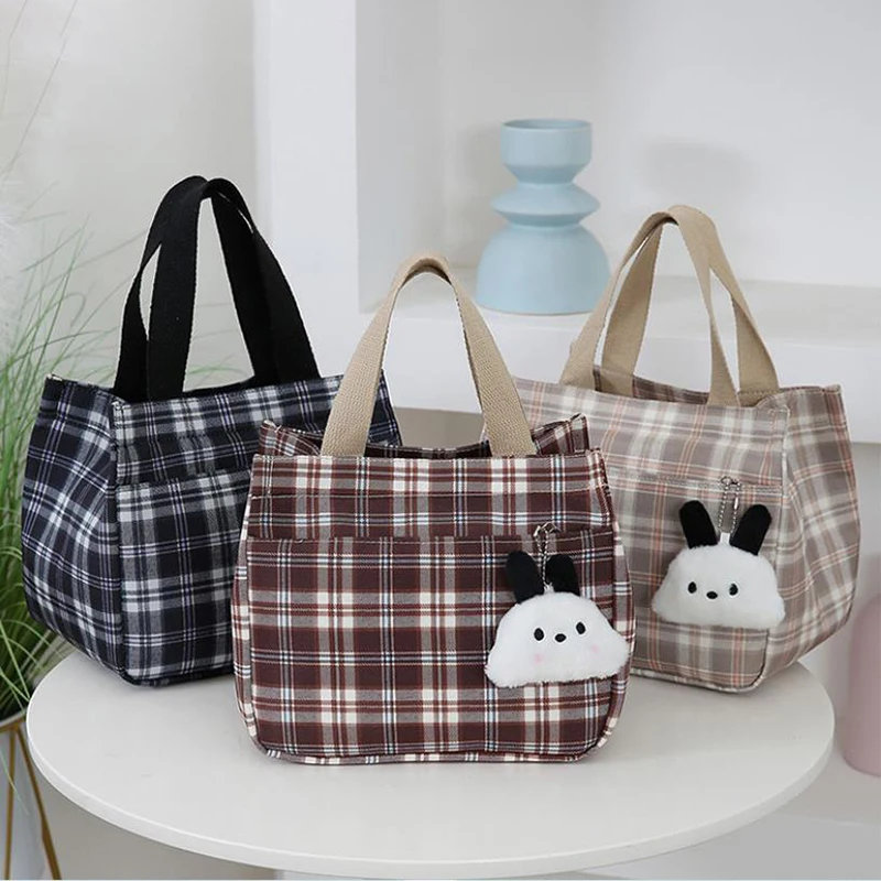 Cartoon Casual Plaid Pattern Canvas Versatile Handbag With Plush Pendant Office Worker Lunch Bag Tote Bag