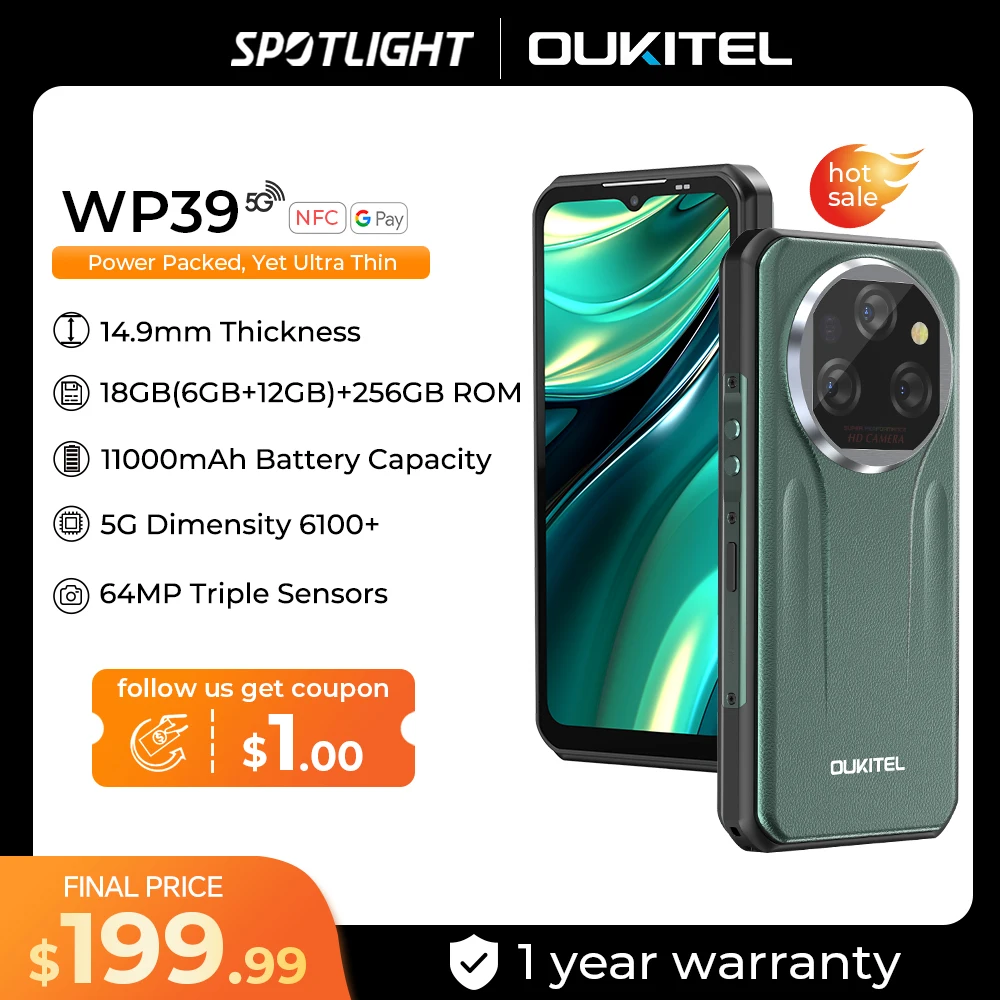 Oukitel wp39 5G 견고한 스마트폰, 안드로이드 14, 24GB(6 + 18)+ 256GB, 6.60 인치 FHD + 64MP 카메라, 11000mAh