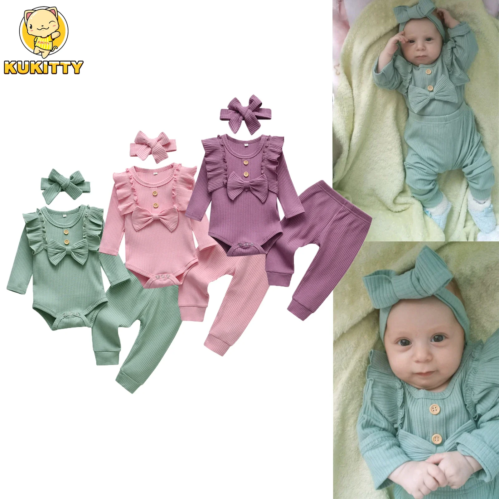 Infant Newborn Baby Girl Spring Autumn Ribbed Solid Clothes Sets Ruffles Long Sleeve Bodysuits + Pants + Headband 3Pcs Outfits