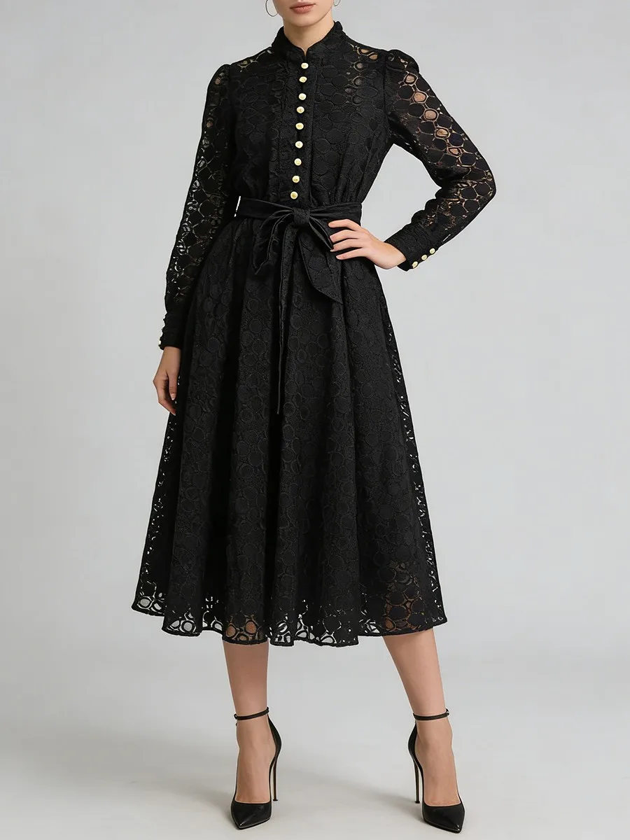 Robe minimaliste à pois ondulés en tissu transparent et uni TWOTWINSTYLE pour femmes, col rond, manches longues, patchwork, boutons, robes pour femmes