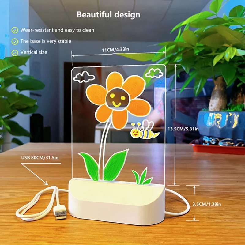 กระดานวาดภาพเรืองแสงสำหรับเด็กแบบ LED พร้อมไฟ USB ลบได้ ของเล่นสร้างสรรค์ DIY พร้อมปากกา 7 ด้าม ของขวัญใหม่