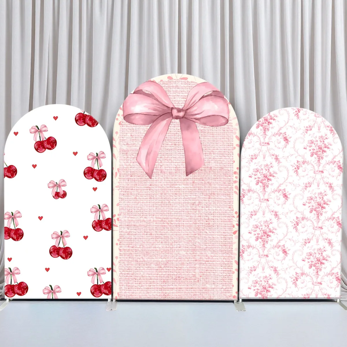 

Girls Party Arch Backdrop Cover Pink Cherry Bow Floral Photography Backdrop for Birthday Baby Shower Wedding Events Decorations