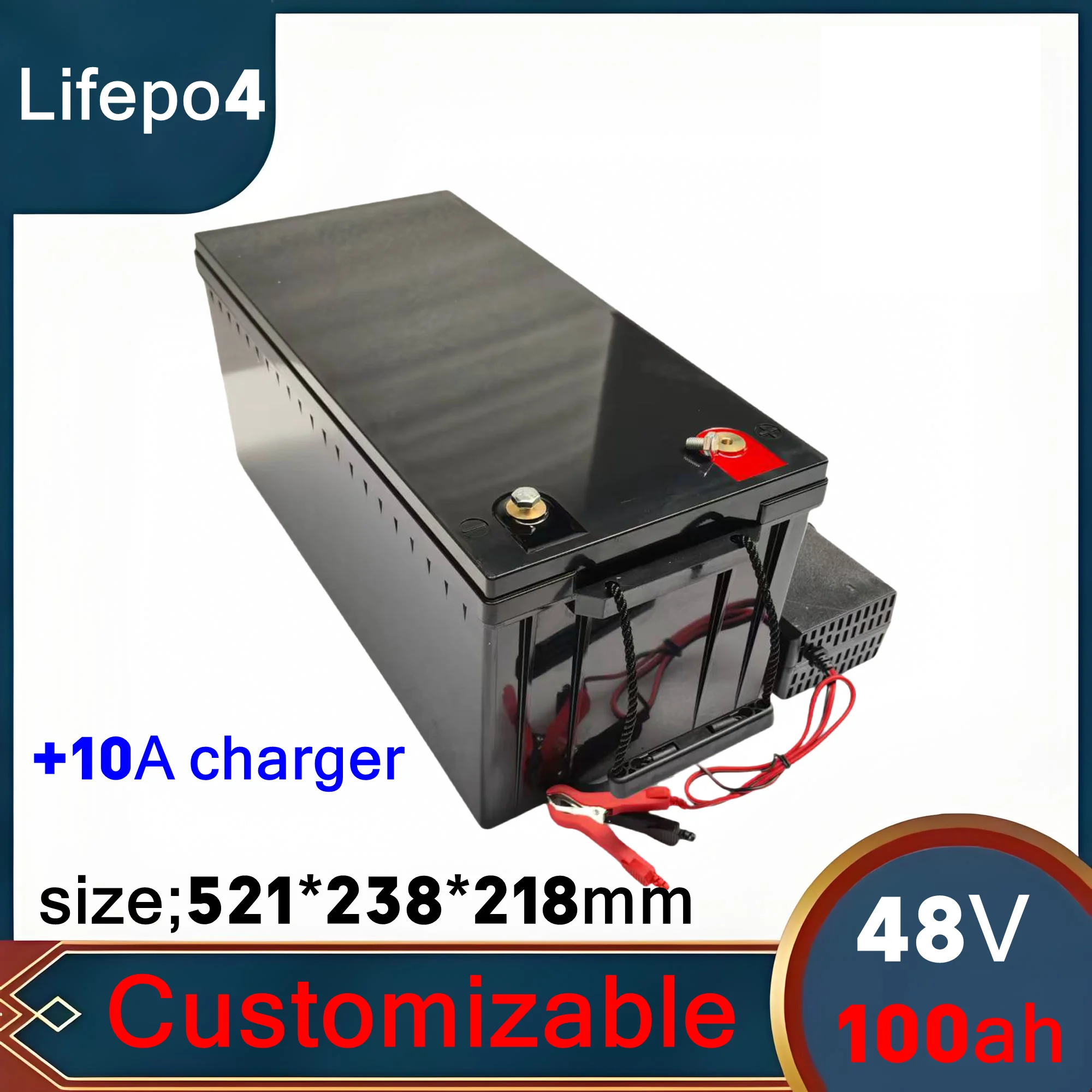 LT-Batterie au lithium LiFePO4 avec BMS, scooter de stockage d'énergie solaire, tricycle, caddie de golf, charger 10A, 48V 100ah