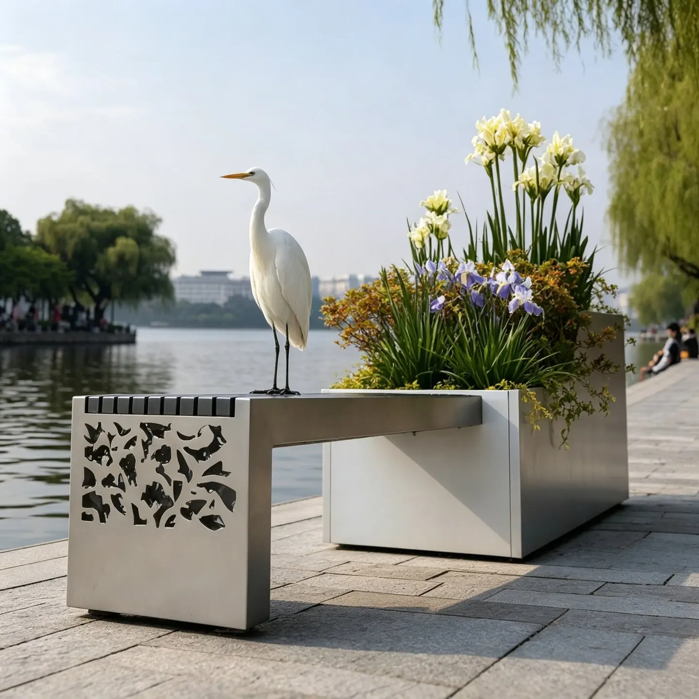 W28-outdoor park stainless steel bench flower box shopping mall flower pool outdoor seat combination flower bed rest bench