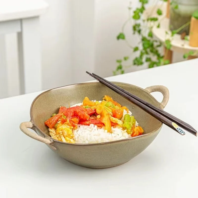 

Japanese Style Ceramic Household Bowl Noodle Bowl With Handle Ceramic Soup Salad Pasta Bowl Kitchen Tableware Round Bakware Pan