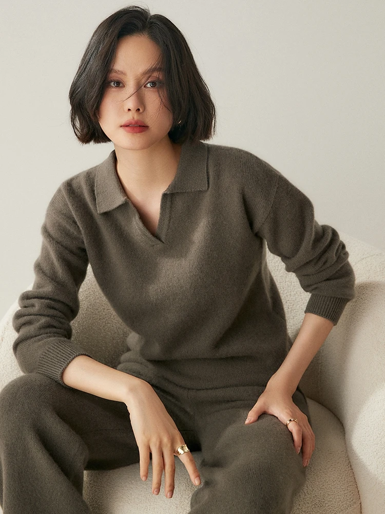 TLOML 여성용 100% 캐시미어 스웨터 턴 다운 칼라 v 넥 풀오버 캐시미어 니트웨어 정장 가을 겨울 부드럽고 따뜻한 캐주얼 탑